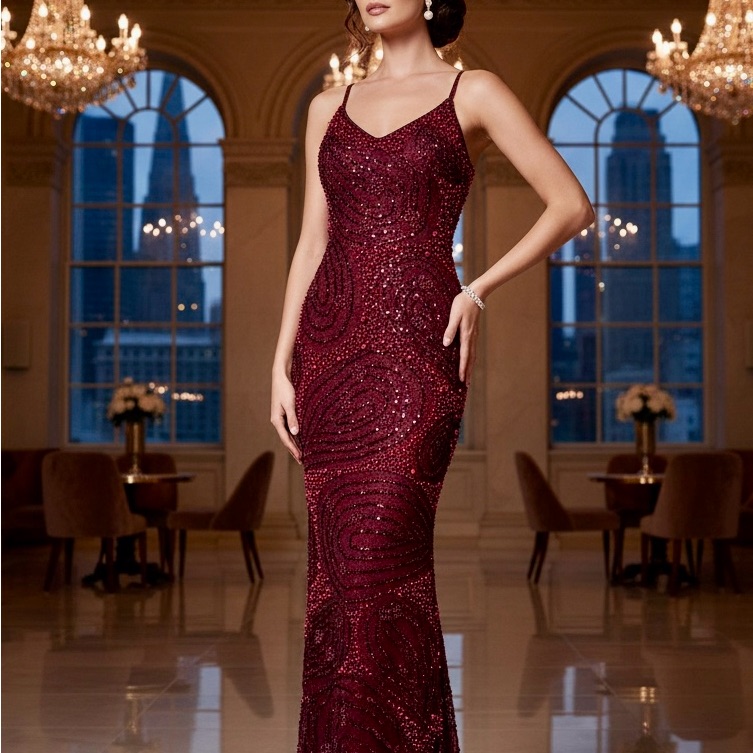 Elegant Burgundy Hand Beaded Evening Gown